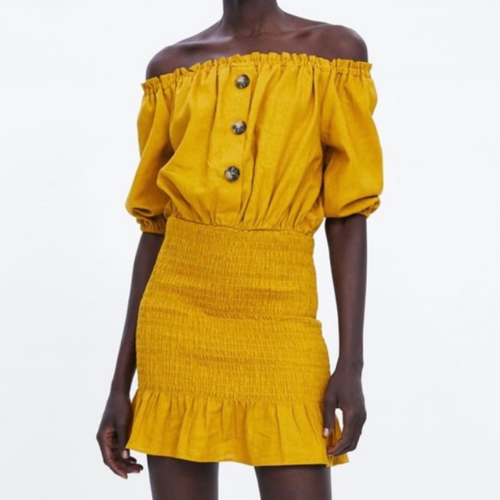 Zara Yellow Linen Off-Shoulder Rustic Mini Dress
